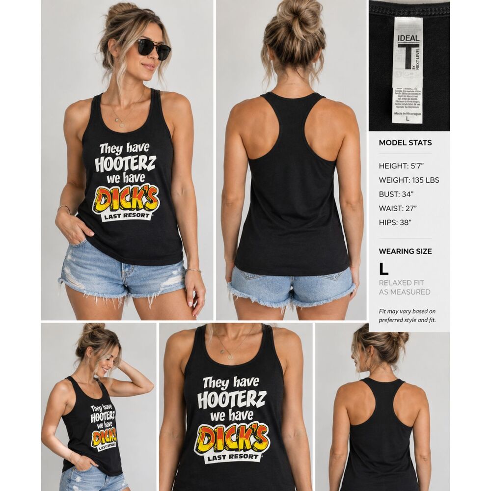 Dick's Last Resort Hooterz Tank Top Women's Size L Black Racerback Funny Bar
